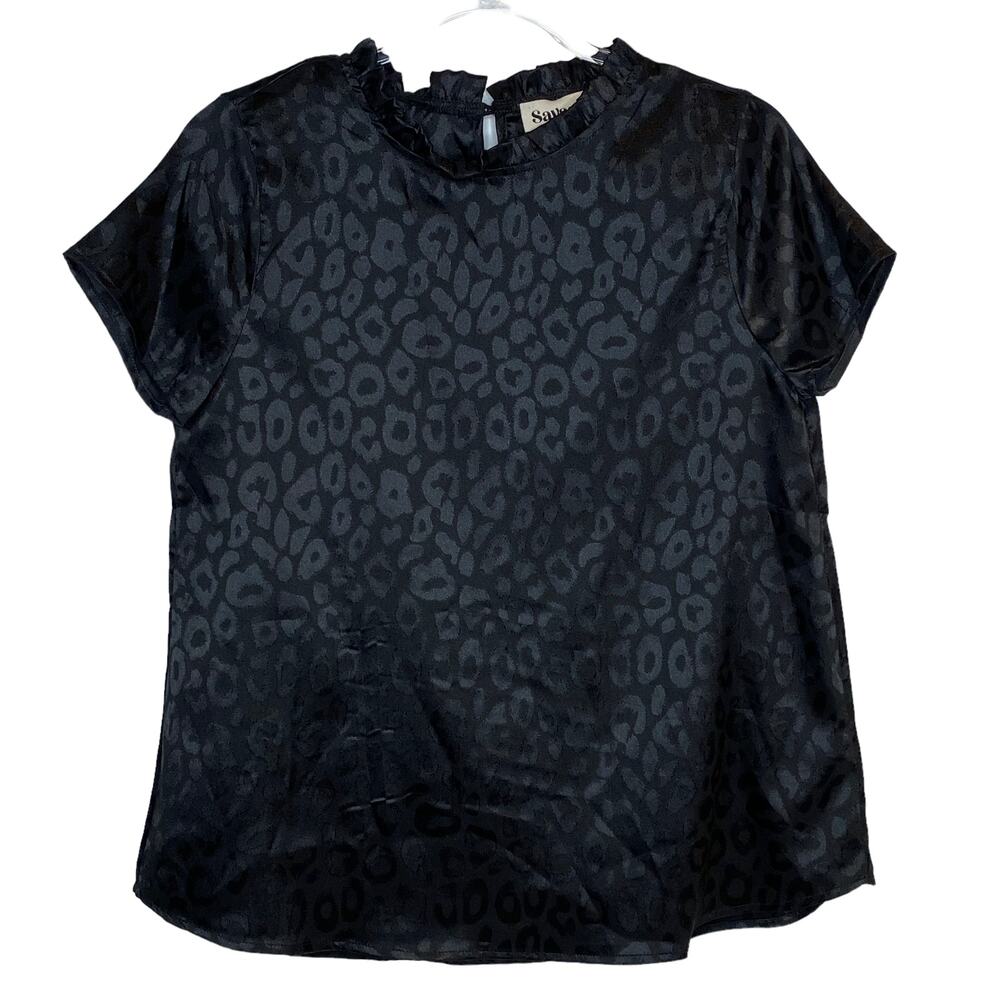 Savanna Jane Womens Size Small Black Leopard Print‎ Blouse Ruffle Short Sleeve
